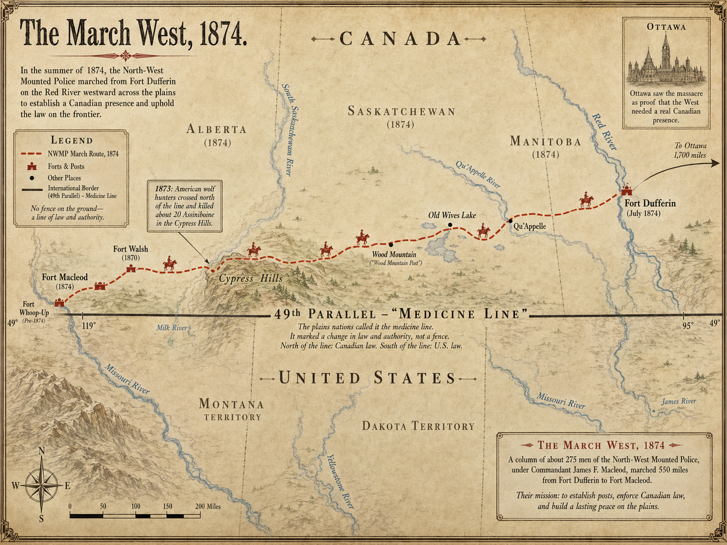 Map of the North-West Mounted Police march west of 1874, from Fort Dufferin on the Red River to Fort Macleod, with the 49th parallel marked as the medicine line